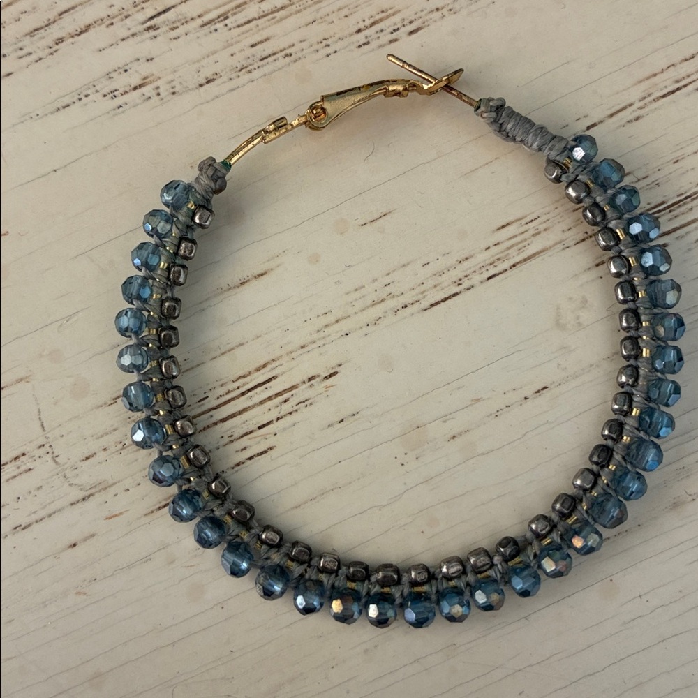Elegant Gold and Blue Beaded Wrap Hoop Earrings - Picture 3 of 3